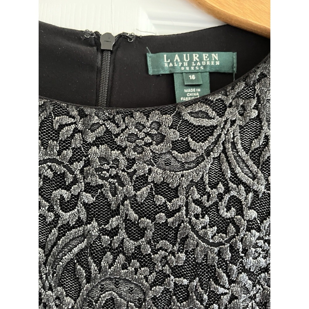 Lauren Ralph Lauren LRL Cocktail Dress 16 Scalloped Metallic Lace Black Evening - Picture 4 of 8